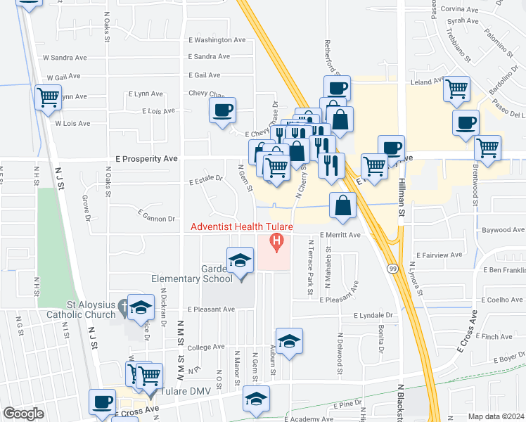 map of restaurants, bars, coffee shops, grocery stores, and more near 1114 North Gem Street in Tulare