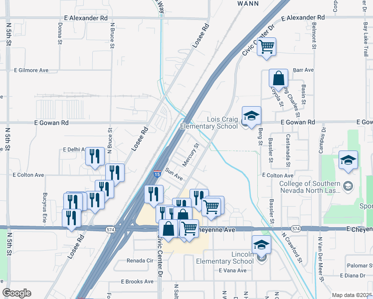 map of restaurants, bars, coffee shops, grocery stores, and more near 3505 Mercury Street in North Las Vegas