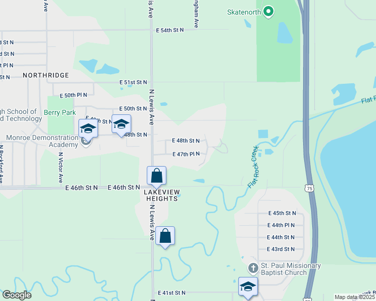 map of restaurants, bars, coffee shops, grocery stores, and more near 2548 East 48th Street North in Tulsa