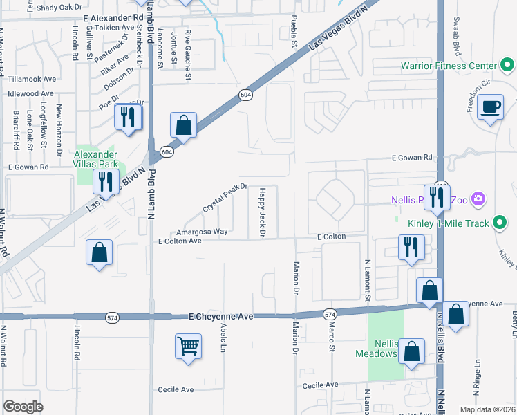 map of restaurants, bars, coffee shops, grocery stores, and more near 3473 Happy Jack Drive in Las Vegas