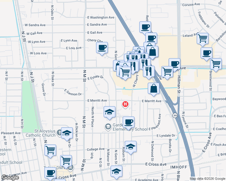 map of restaurants, bars, coffee shops, grocery stores, and more near 1151 North Gem Street in Tulare