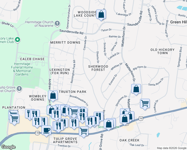 map of restaurants, bars, coffee shops, grocery stores, and more near 4704 Kalamath Drive in Nashville