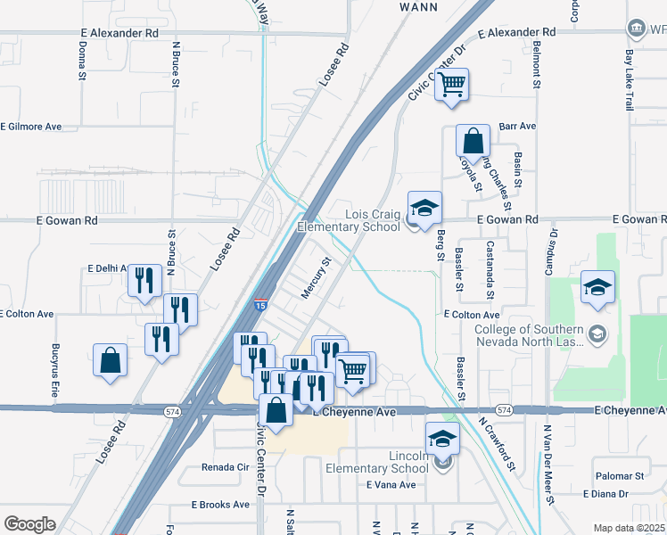 map of restaurants, bars, coffee shops, grocery stores, and more near 3500a Mercury Street in North Las Vegas