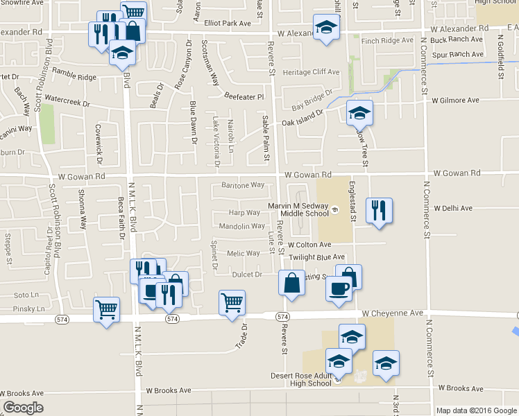 map of restaurants, bars, coffee shops, grocery stores, and more near 819 Hunters Ridge Way in North Las Vegas
