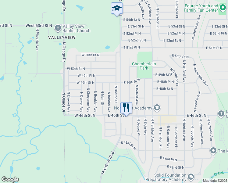 map of restaurants, bars, coffee shops, grocery stores, and more near 4683 North Boston Place in Tulsa