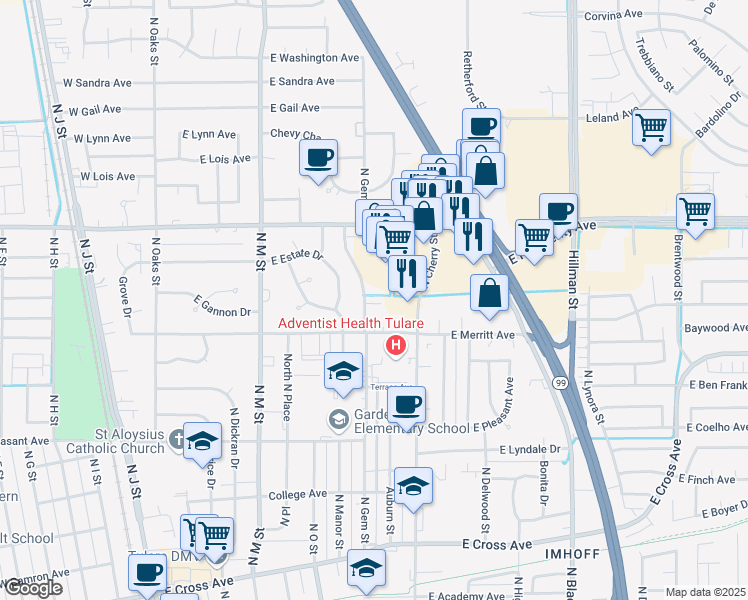 map of restaurants, bars, coffee shops, grocery stores, and more near 1126 North Gem Street in Tulare