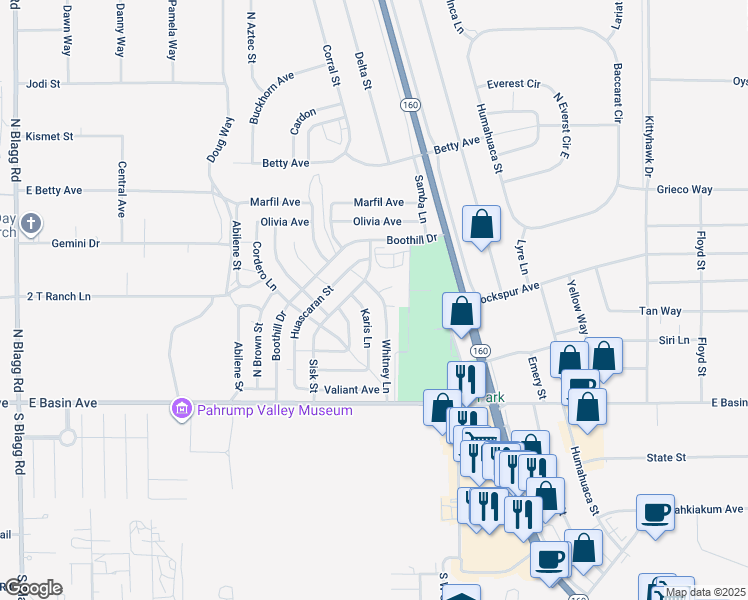 map of restaurants, bars, coffee shops, grocery stores, and more near 250 Whitney Lane in Pahrump