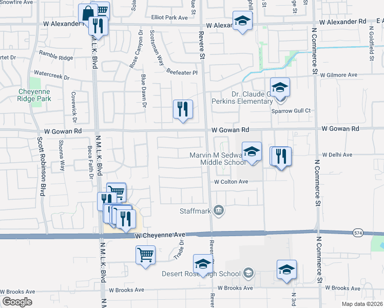 map of restaurants, bars, coffee shops, grocery stores, and more near 819 Hunters Ridge Way in North Las Vegas