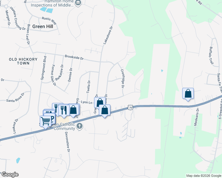 map of restaurants, bars, coffee shops, grocery stores, and more near 104 Valleyview Drive in Green Hill