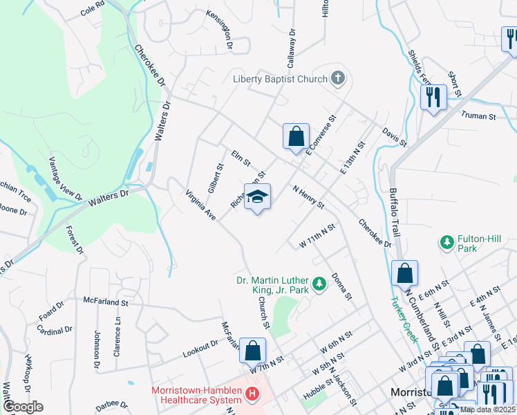 map of restaurants, bars, coffee shops, grocery stores, and more near 235 West Converse Street in Morristown