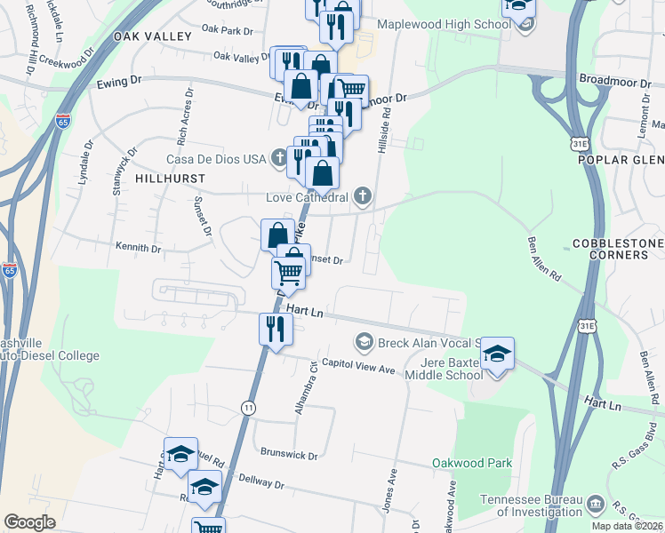 map of restaurants, bars, coffee shops, grocery stores, and more near 2900 Morningside Drive in Nashville