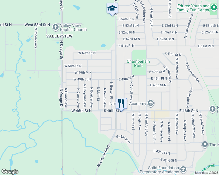 map of restaurants, bars, coffee shops, grocery stores, and more near 4683 North Boston Place in Tulsa