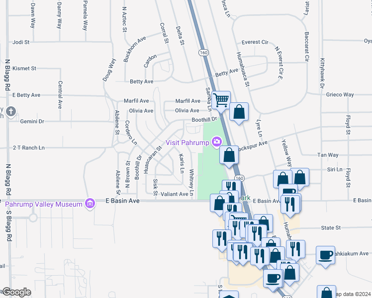 map of restaurants, bars, coffee shops, grocery stores, and more near 250 Whitney Lane in Pahrump