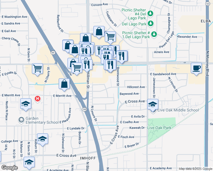 map of restaurants, bars, coffee shops, grocery stores, and more near 1258 Blue Oak Street in Tulare