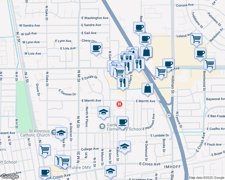 map of restaurants, bars, coffee shops, grocery stores, and more near 1120 North Gem Street in Tulare
