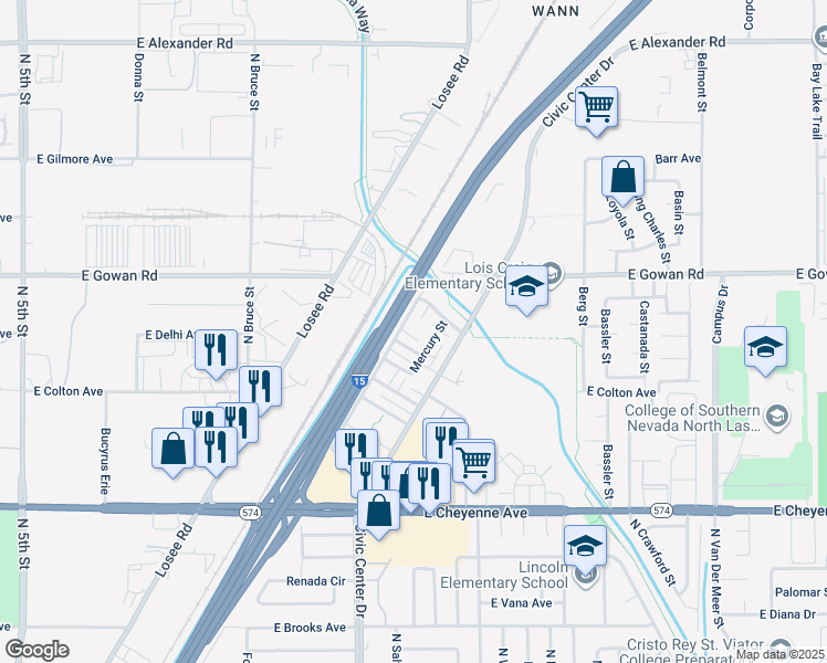 map of restaurants, bars, coffee shops, grocery stores, and more near 3505 Mercury Street in North Las Vegas