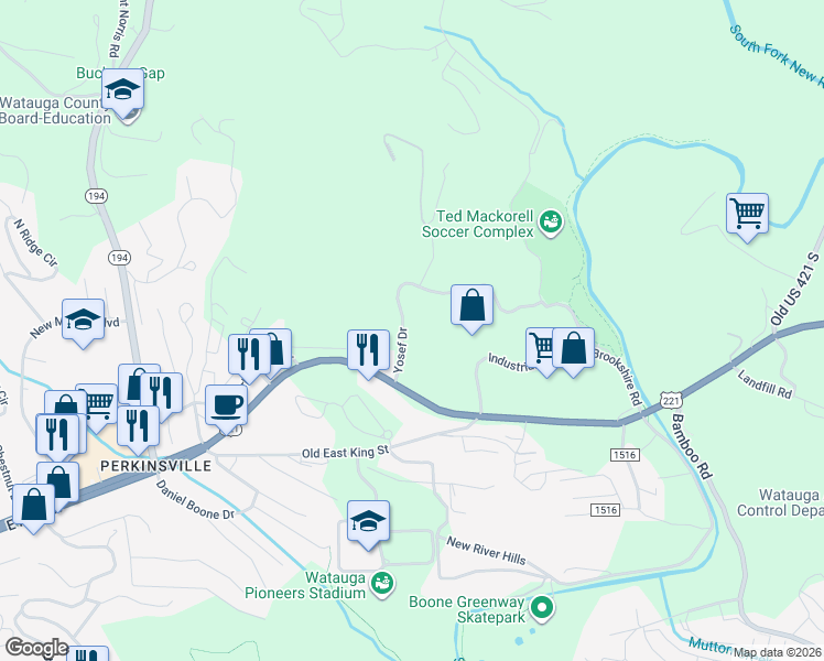 map of restaurants, bars, coffee shops, grocery stores, and more near 224 Yosef Drive in Boone