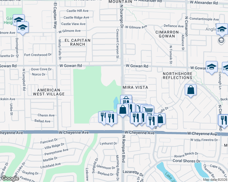 map of restaurants, bars, coffee shops, grocery stores, and more near 3501 North Durango Drive in Las Vegas