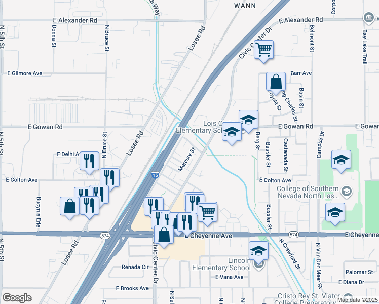 map of restaurants, bars, coffee shops, grocery stores, and more near 3500a Mercury Street in North Las Vegas