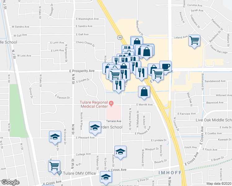 map of restaurants, bars, coffee shops, grocery stores, and more near 1101 North Cherry Street in Tulare