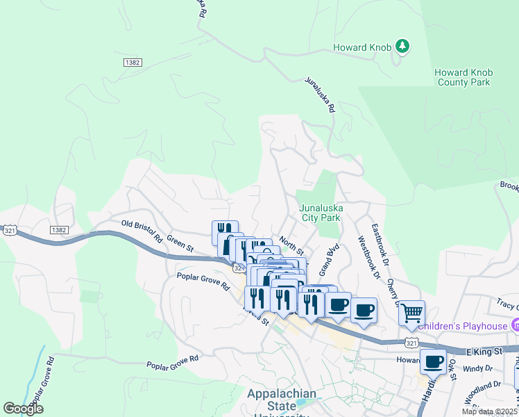 map of restaurants, bars, coffee shops, grocery stores, and more near 298 Ridgewood Drive in Boone