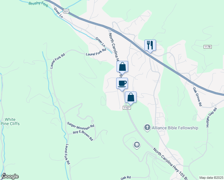 map of restaurants, bars, coffee shops, grocery stores, and more near 160 Evening Shade in Boone