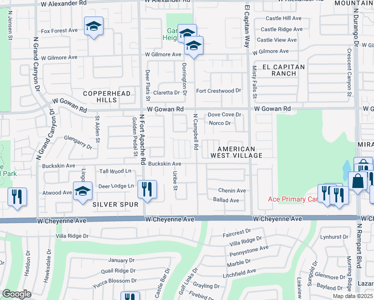 map of restaurants, bars, coffee shops, grocery stores, and more near 3450 Middle View Drive in Las Vegas