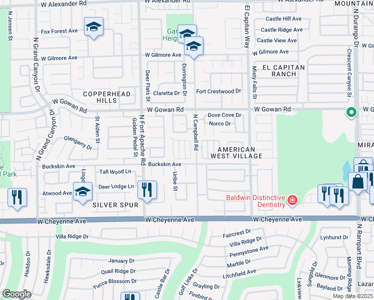 map of restaurants, bars, coffee shops, grocery stores, and more near 3450 Middle View Drive in Las Vegas