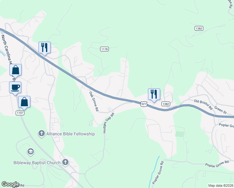 map of restaurants, bars, coffee shops, grocery stores, and more near 139 Highland Woods Trail in Boone