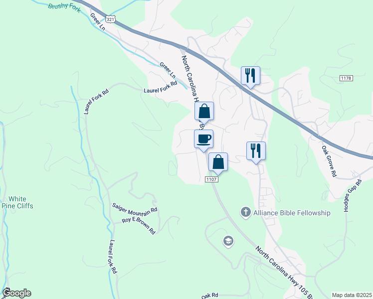 map of restaurants, bars, coffee shops, grocery stores, and more near 160 Evening Shade in Boone