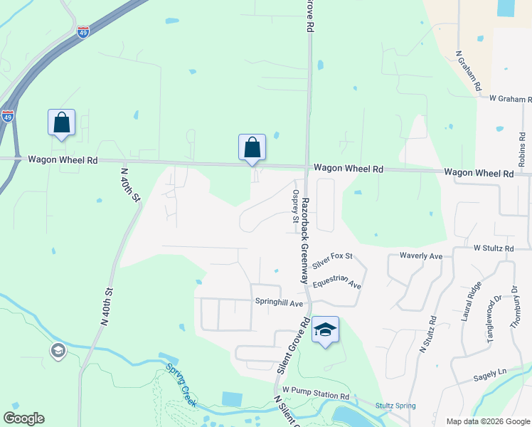 map of restaurants, bars, coffee shops, grocery stores, and more near 3465 Eaglecrest Circle in Springdale