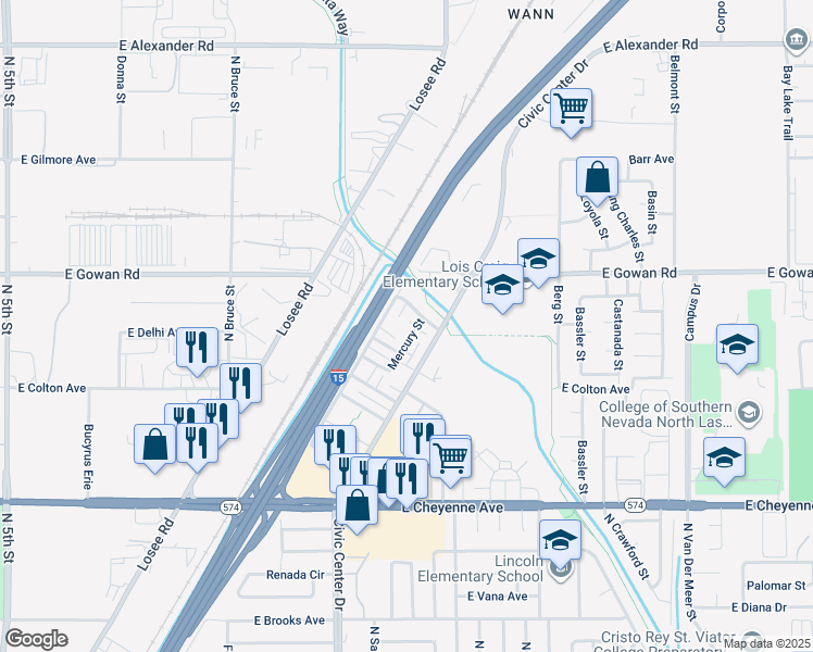 map of restaurants, bars, coffee shops, grocery stores, and more near 3521 Mercury Street in North Las Vegas