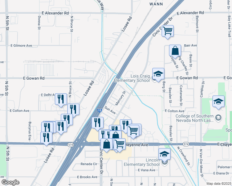 map of restaurants, bars, coffee shops, grocery stores, and more near 3505 Mercury Street in North Las Vegas