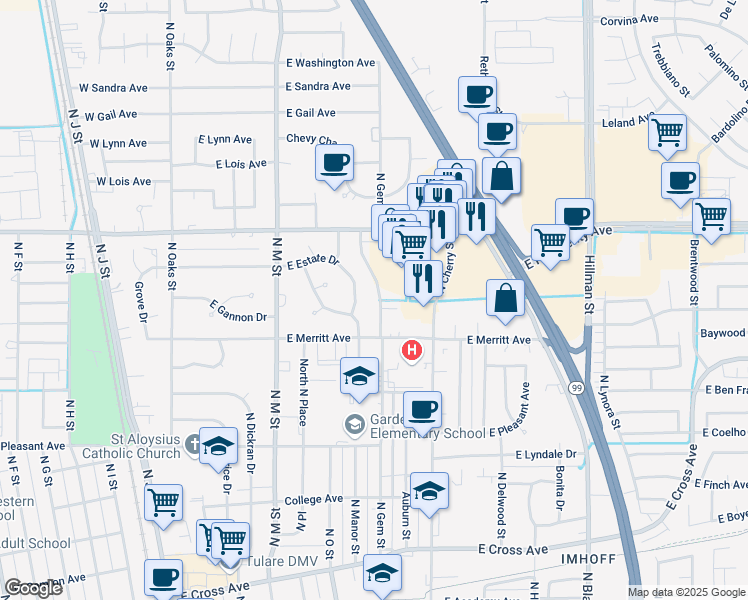 map of restaurants, bars, coffee shops, grocery stores, and more near 1151 North Gem Street in Tulare
