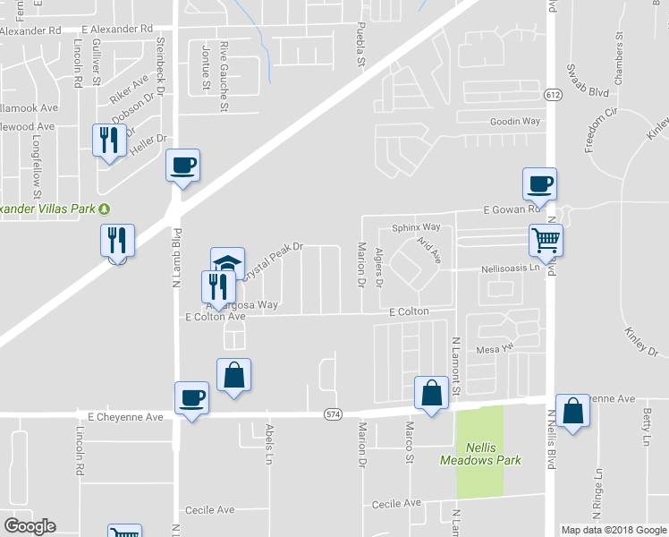 map of restaurants, bars, coffee shops, grocery stores, and more near 3485 Cactus Springs Drive in Las Vegas