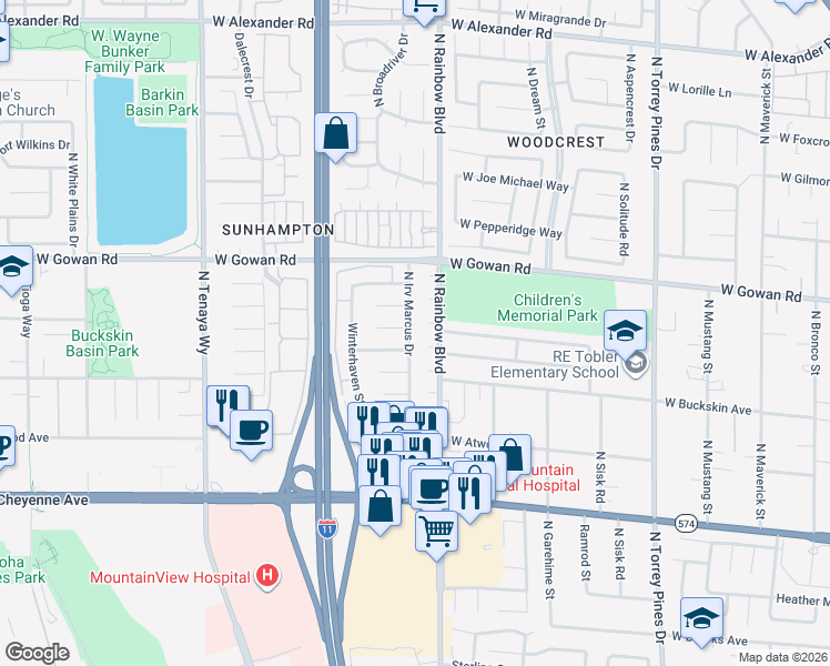 map of restaurants, bars, coffee shops, grocery stores, and more near 3429 North Irv Marcus Drive in Las Vegas