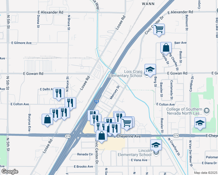 map of restaurants, bars, coffee shops, grocery stores, and more near 3505 Bulloch Street in North Las Vegas