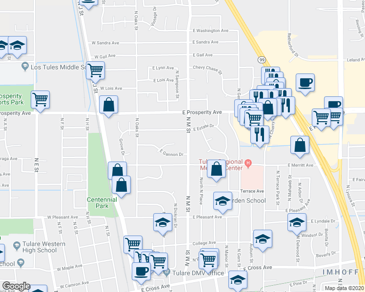 map of restaurants, bars, coffee shops, grocery stores, and more near 1123 North M Street in Tulare