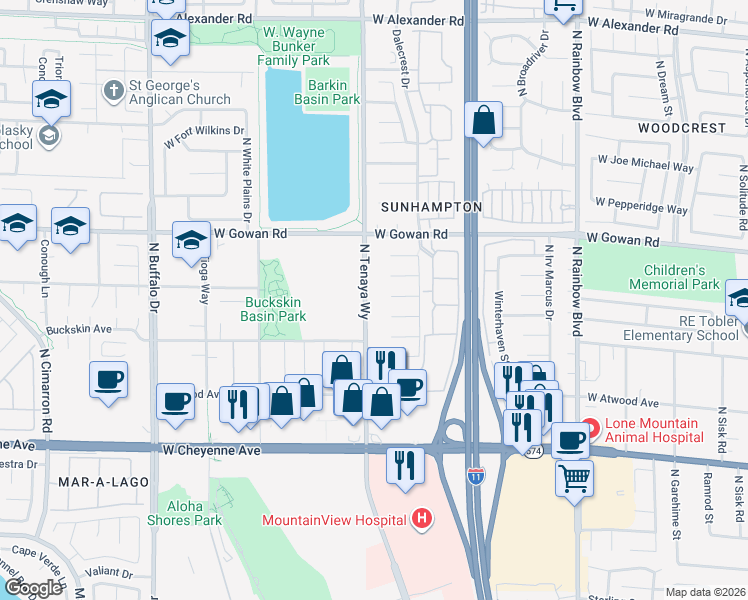 map of restaurants, bars, coffee shops, grocery stores, and more near 3436 North Tenaya Way in Las Vegas