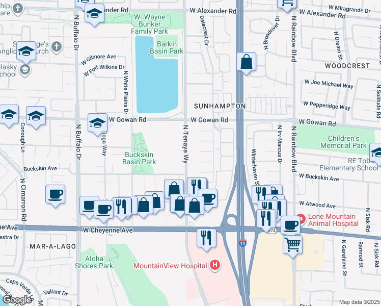map of restaurants, bars, coffee shops, grocery stores, and more near 3436 North Tenaya Way in Las Vegas