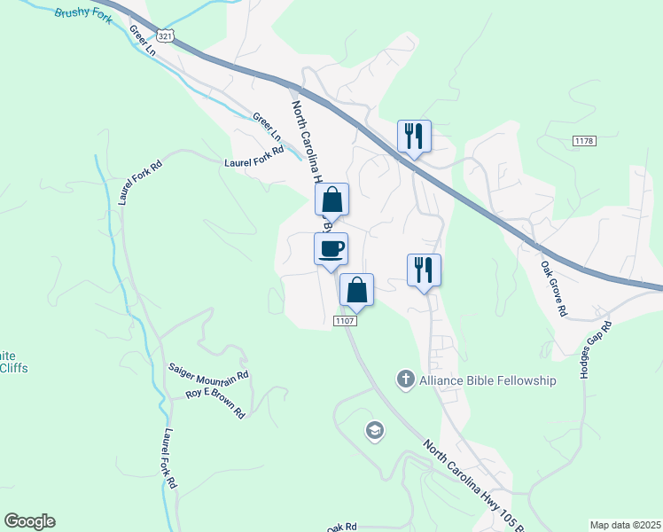 map of restaurants, bars, coffee shops, grocery stores, and more near 596 North Carolina Highway 105 Bypass in Boone