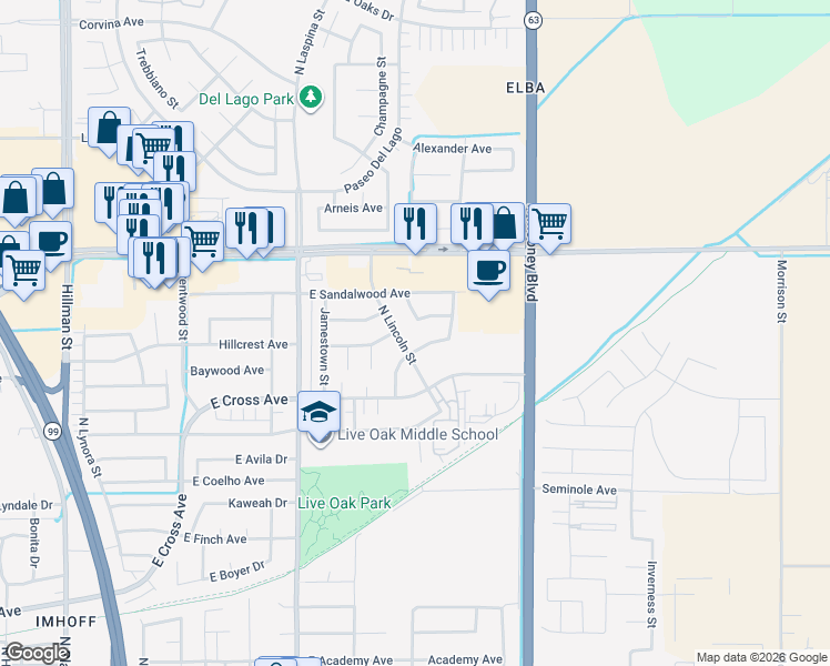 map of restaurants, bars, coffee shops, grocery stores, and more near 1923 Plymouth Avenue in Tulare