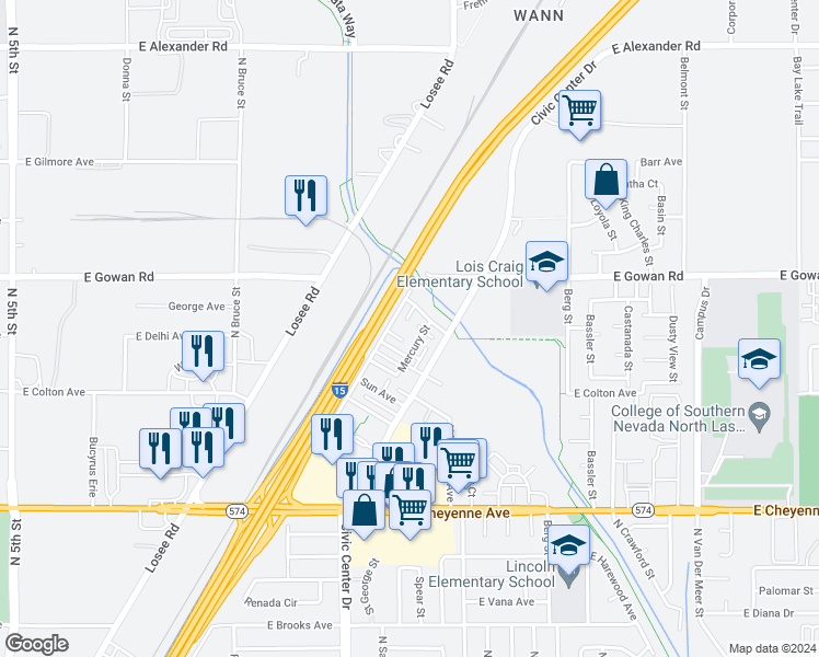 map of restaurants, bars, coffee shops, grocery stores, and more near 3505 Bulloch Street in North Las Vegas