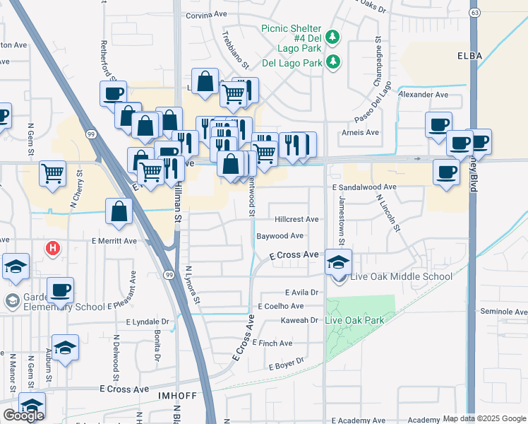 map of restaurants, bars, coffee shops, grocery stores, and more near 1227 North Tealwood Street in Tulare