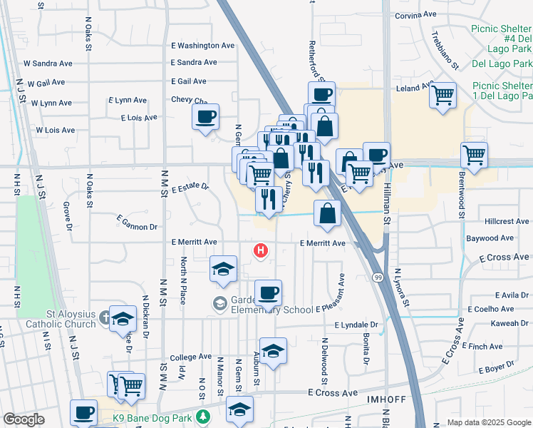 map of restaurants, bars, coffee shops, grocery stores, and more near 1093 North Cherry Street in Tulare