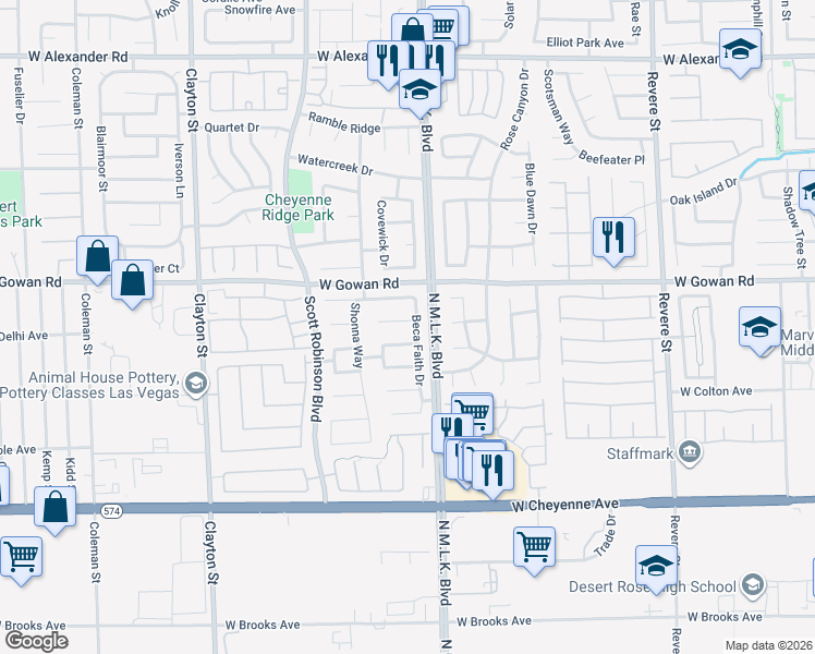 map of restaurants, bars, coffee shops, grocery stores, and more near 1525 Knoll Heights Court in North Las Vegas
