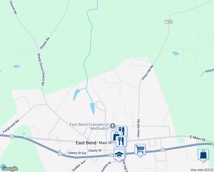 map of restaurants, bars, coffee shops, grocery stores, and more near 117 Forest Oak Drive in East Bend