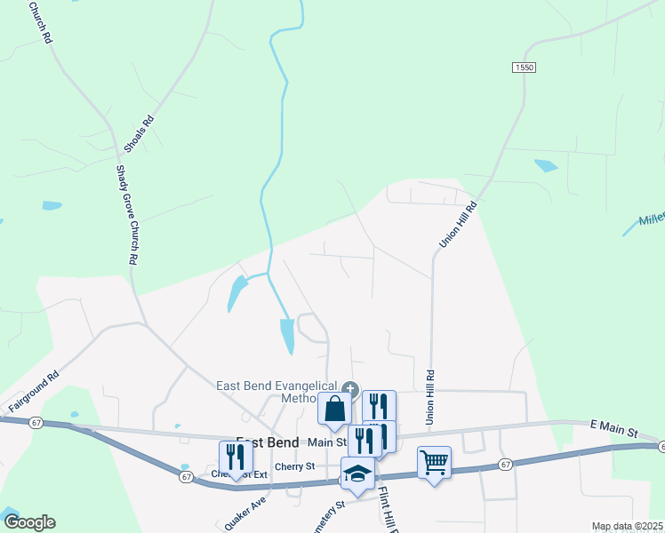 map of restaurants, bars, coffee shops, grocery stores, and more near 117 Forest Oak Drive in East Bend