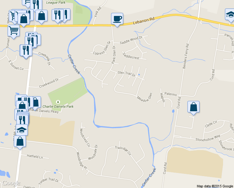 map of restaurants, bars, coffee shops, grocery stores, and more near 2828 Meadow Glen in Mount Juliet