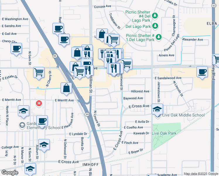 map of restaurants, bars, coffee shops, grocery stores, and more near 1258 Blue Oak Street in Tulare